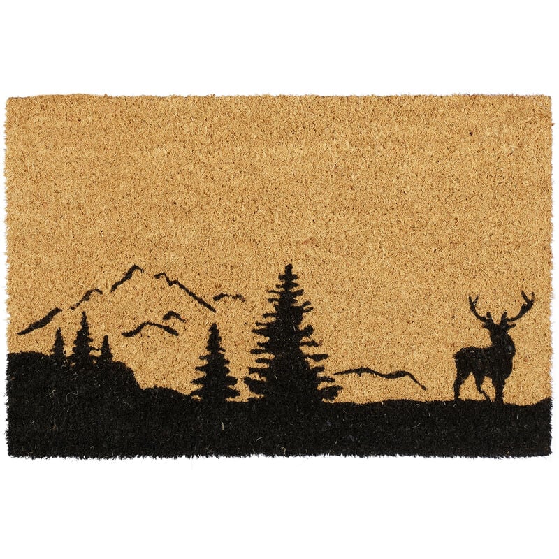 foto del prodotto zerbino in fibra di cocco, tappetino con cervo e alberi, stuoino per porta di casa, 60x 40 cm, legno naturale relaxdays