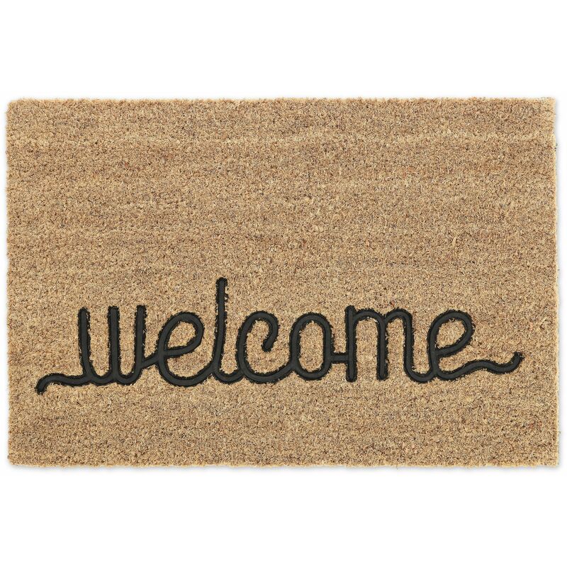 foto del prodotto zerbino in fibra di cocco, tappetino ingresso con scritta welcome, interni e esterni 60 x 40 cm, naturale nero relaxdays