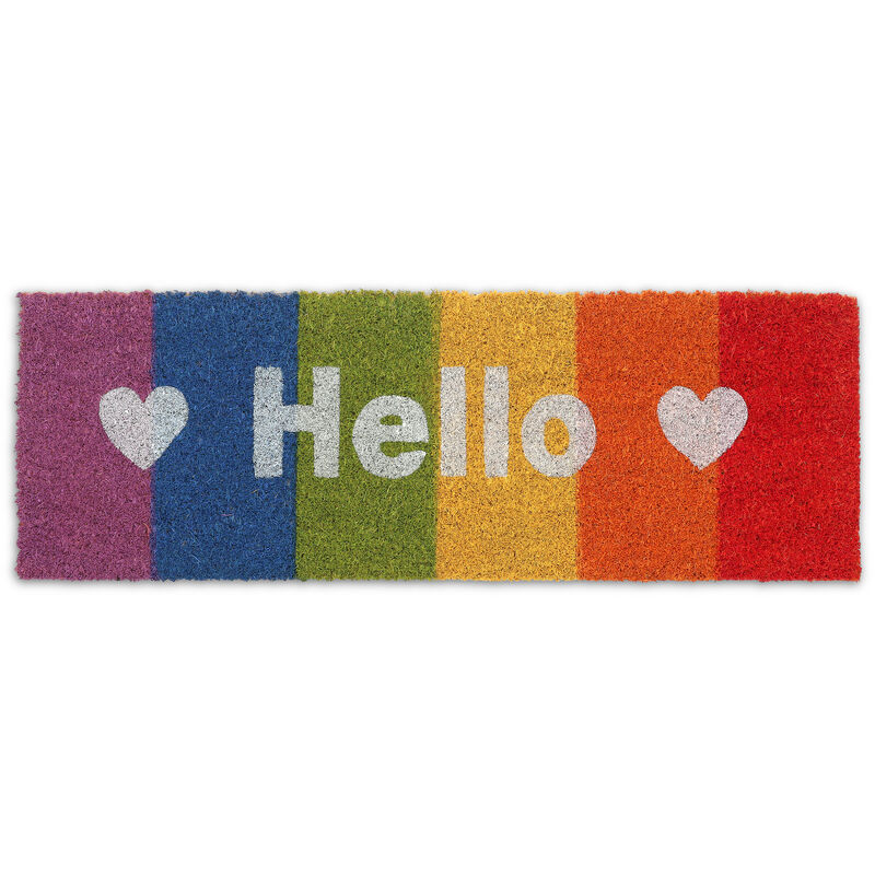 foto del prodotto zerbino in fibra di cocco, tappetino ingresso, scritta hello, arcobaleno, in outdoor, 75x25cm, multicolore relaxdays