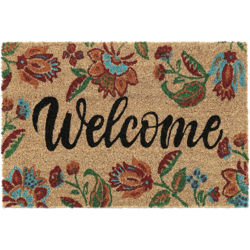 foto del prodotto zerbino in fibre di cocco, scritta welcome, 60x40 cm, fiori colorati, antiscivolo, indoor outdoor, multicolore relaxdays