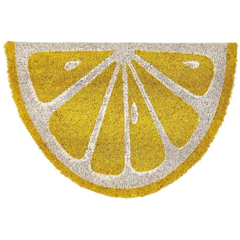 foto del prodotto zerbino moderno per interni 40 x 60 cm a forma di limone in fibra di cocco con fondo in pvc antiscivolo giallo ijen