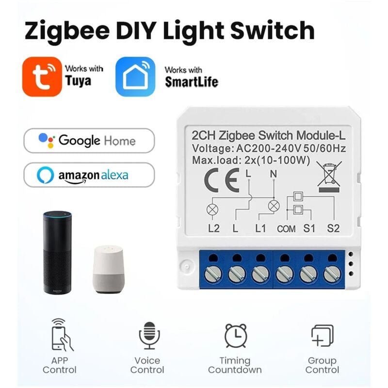 foto del prodotto zigbee modulo a 2 canali senza neutro tuya