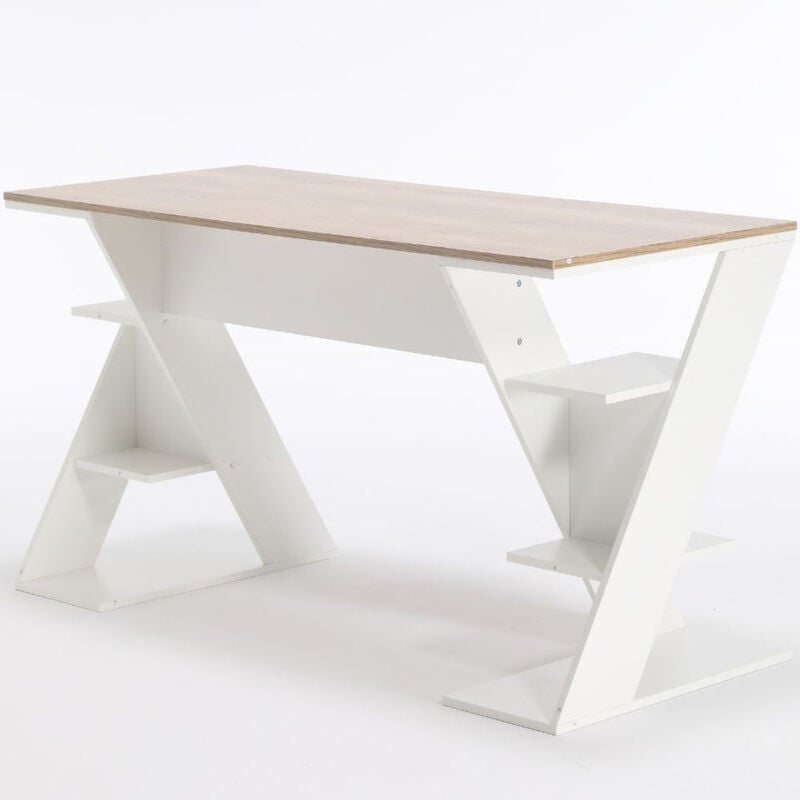 foto del prodotto zik scrivania ufficio porta pc tavolo computer 6 ripiani, con libreria mensole salvaspazio in legno, per casa e studio bianca e rovere 137x60x75