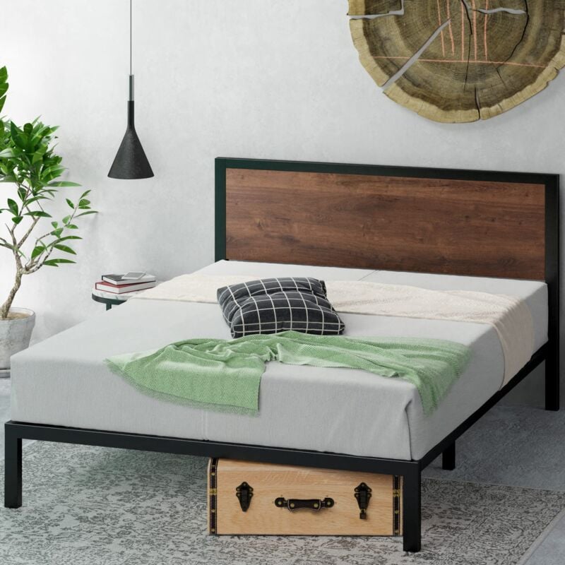 foto del prodotto zinus mory letto 160x190 cm struttura letto 30 cm di altezza struttura letto a piattaforma in metallo e legno con testata e supporto a doghe in