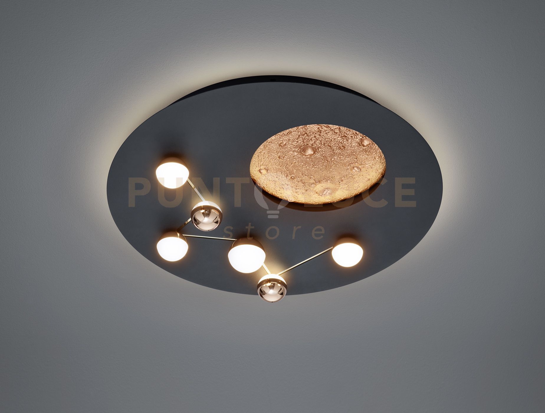 foto del prodotto zodiac plafoniera a led 42w 5100lm, 2300 3000 4000k metallo nero e caffe effetto lunare con regolazione intensita e temperatura di colore con interruttore d. 50cm