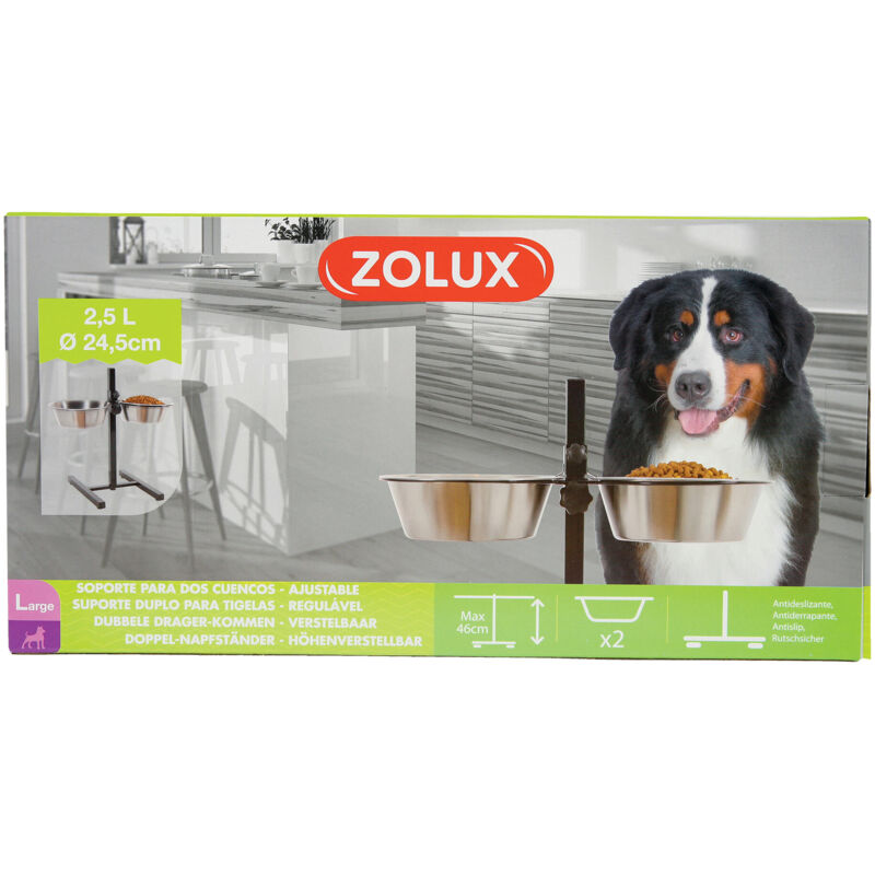 foto del prodotto zolux supporto regolabile con 2 ciotole in inox 2,5l 24,5cm 