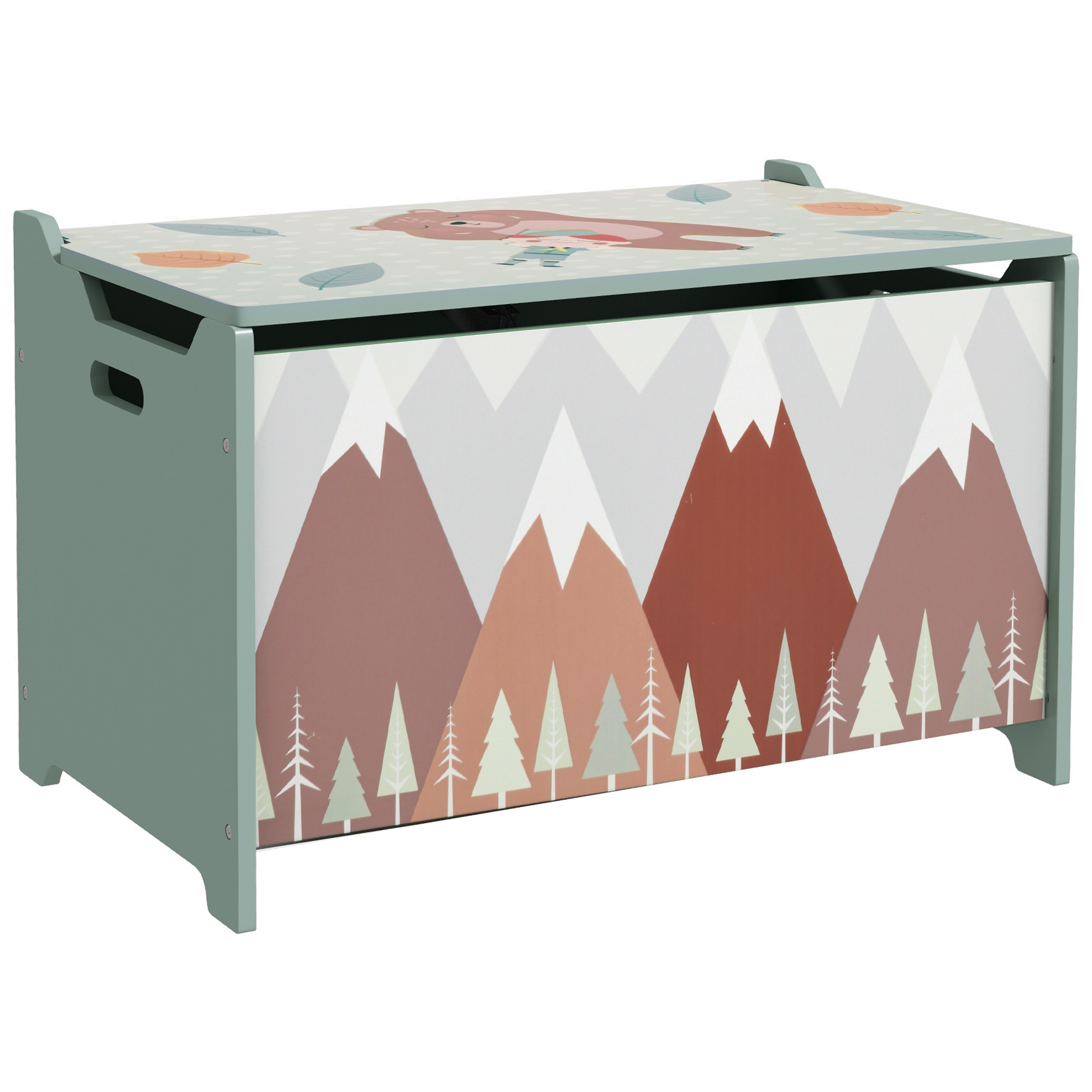 foto del prodotto zonekiz baule portagiochi per bambini con coperchio e cerniera di sicurezza in mdf, 60x37x39cm, verde aosom