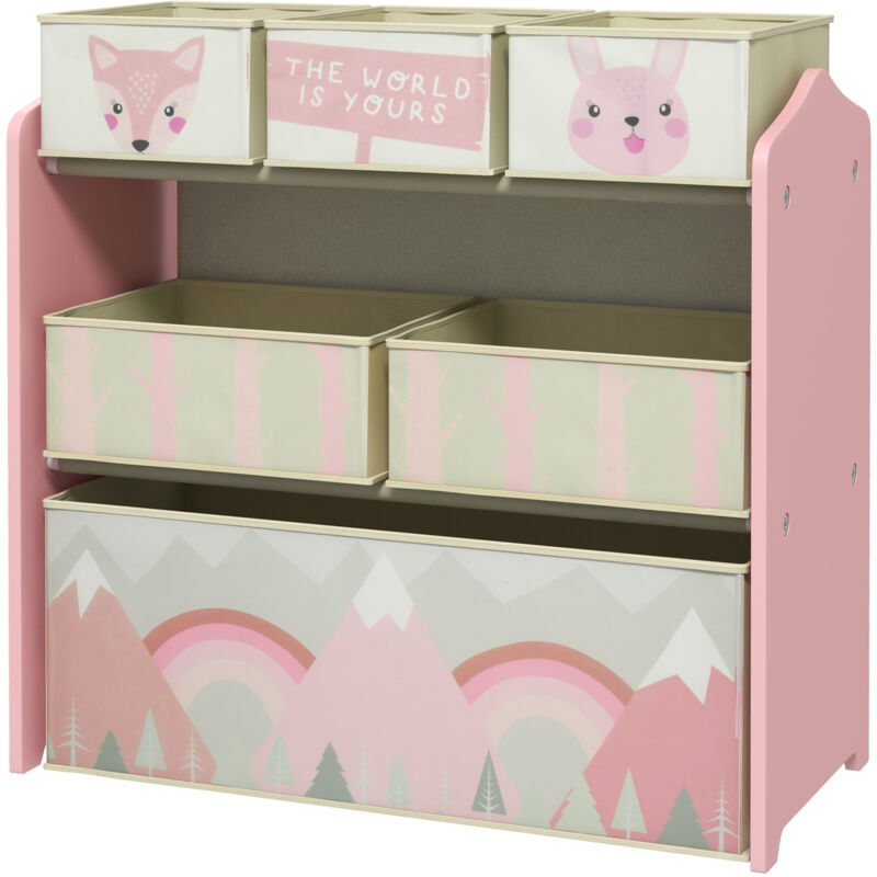 foto del prodotto zonekiz mobile portagiochi per bambini con 6 contenitori in tessuto rosa