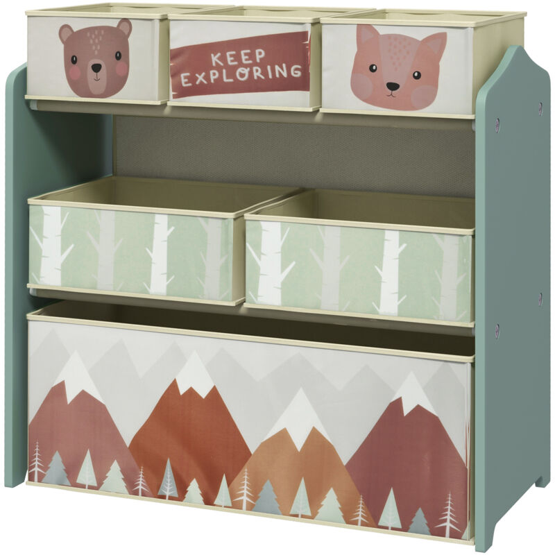 foto del prodotto zonekiz mobile portagiochi per bambini con 6 contenitori in tessuto verde