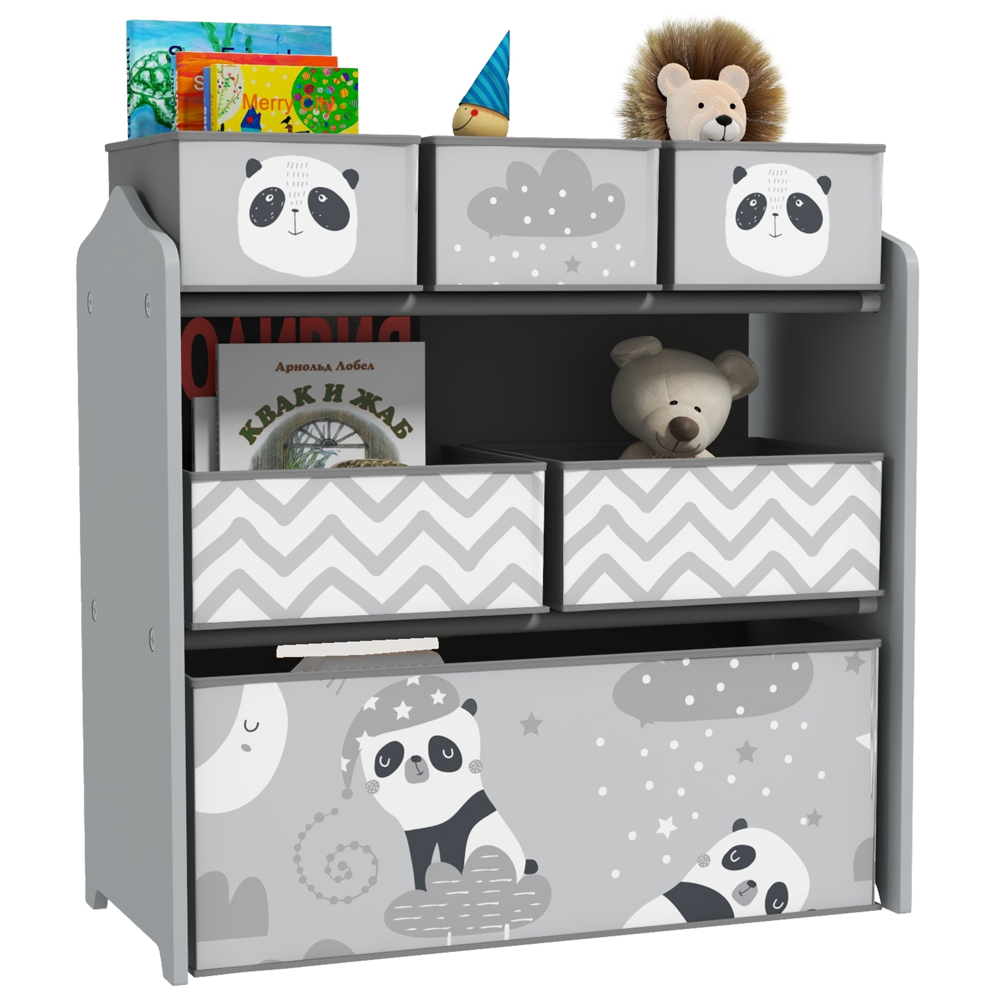 foto del prodotto zonekiz scaffale portagiochi per bambini con 6 contenitori rimovibili in tessuto, 63x30x66cm, grigio