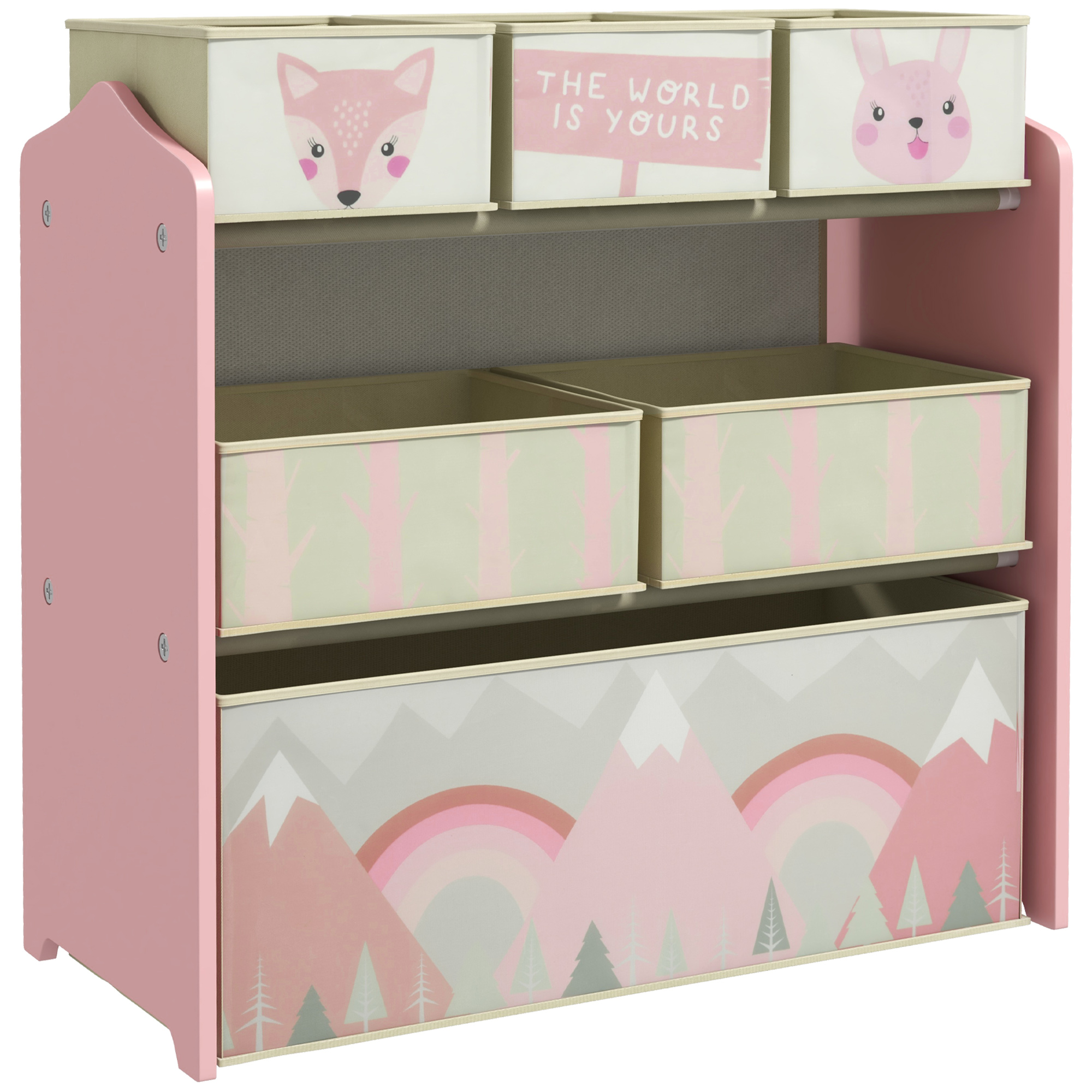 foto del prodotto zonekiz scaffale portagiochi per bambini con 6 contenitori rimovibili in tessuto, 63x30x66cm, rosa aosom
