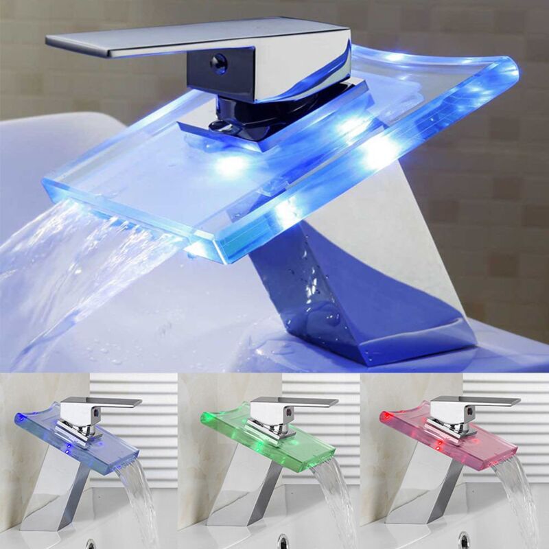 foto del prodotto zoternen illuminazione a led con 3 cambi di colore, rubinetto a cascata, miscelatore per lavabo in vetro per bagno cucina