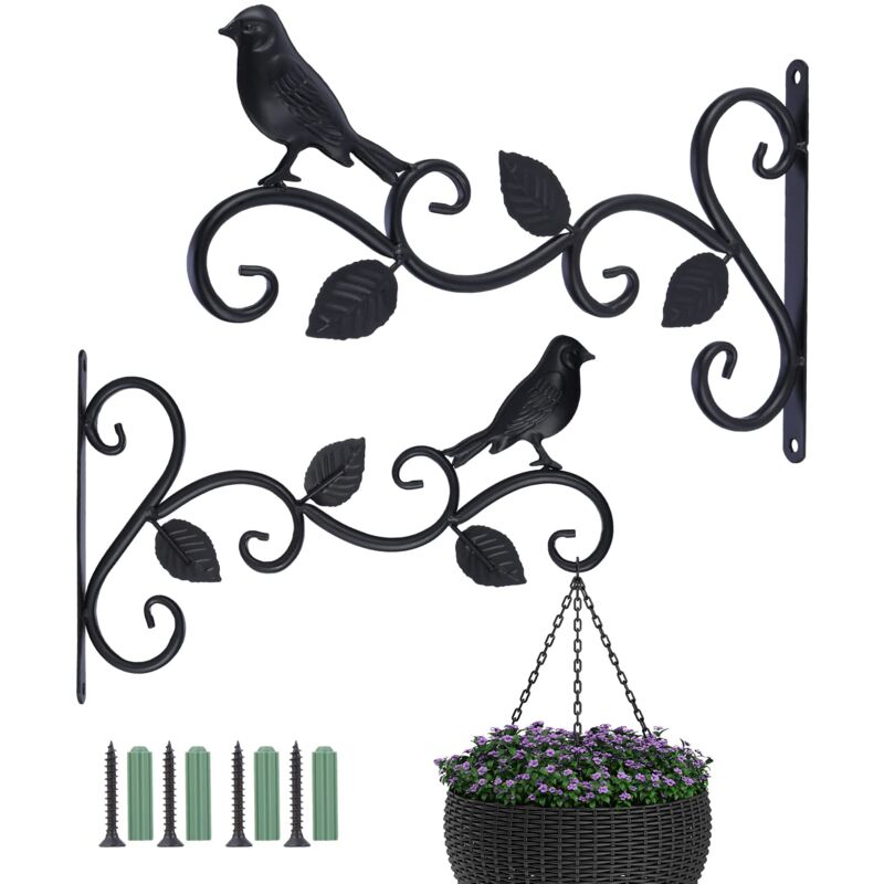 foto del prodotto zvd 2 pack hanging basket holders, 12 vintage metal wall hooks for hanging plants, lanterns, bird feeders, fences