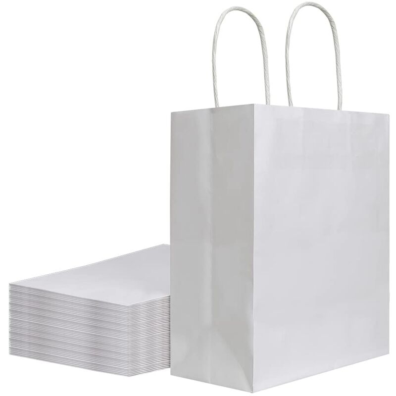 foto del prodotto zvd 25 pack medium white kraft paper bags 10.2 x 4.7 x 12.9 inch with handles in bulk, bagmad gift bags, crafts, grocery, retail, birthday party,