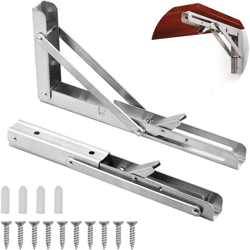 foto del prodotto zvd 2pcs folding bracket 25cm 10in, stainless steel folding shelf bracket, bracket for wall shelf, kitchen, bathroom, shelves, beds and furniture,
