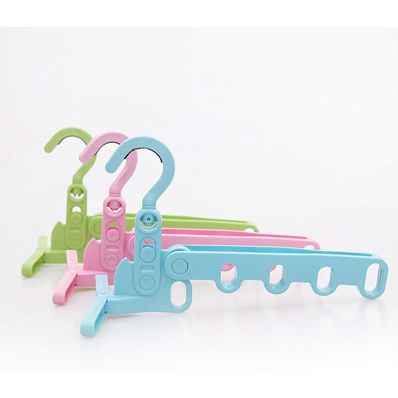 foto del prodotto zvd 3 pack foldable, rotating, non slip clothes hangers with 5 holes for laundry room, bathroom, bedroom blue, green and pink 
