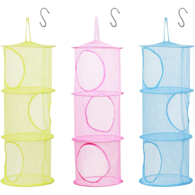 foto del prodotto zvd 3 pcs kids storage net, foldable mesh basket hanging toy storage with s hook for plush toys small clothes lingerie socks pink, green, blue 