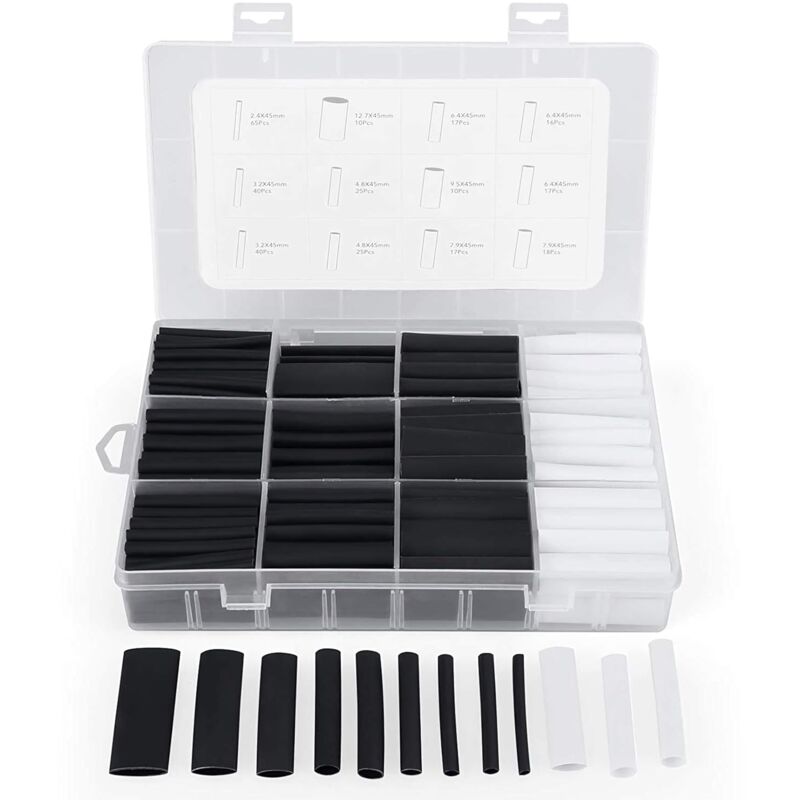 foto del prodotto zvd 300 pezzi di tubo termorestringente con colla rapporto 3 1 tubo termorestringente 7 misure nero bianco