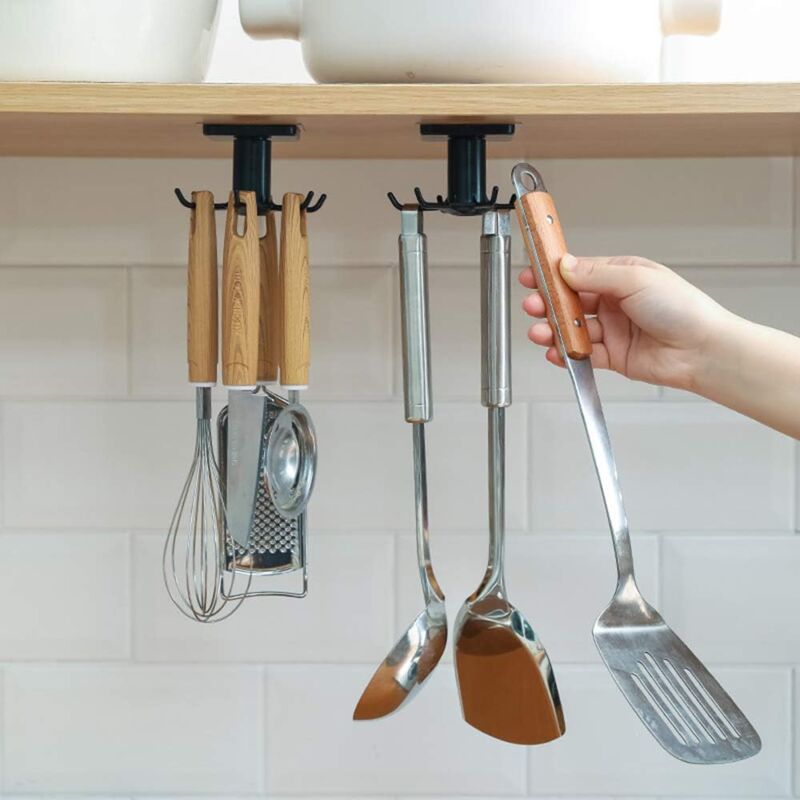 foto del prodotto zvd 360 rotating kitchen utensil holder, 6 hooks under kitchen utensil holder, no drilling storage hooks for kitchen bathroom