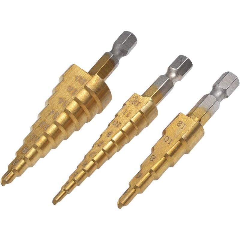 foto del prodotto zvd 3pcs brand step drill bits, titanium coated high speed steel 3 12mm, 4 12mm and 4 20mm 