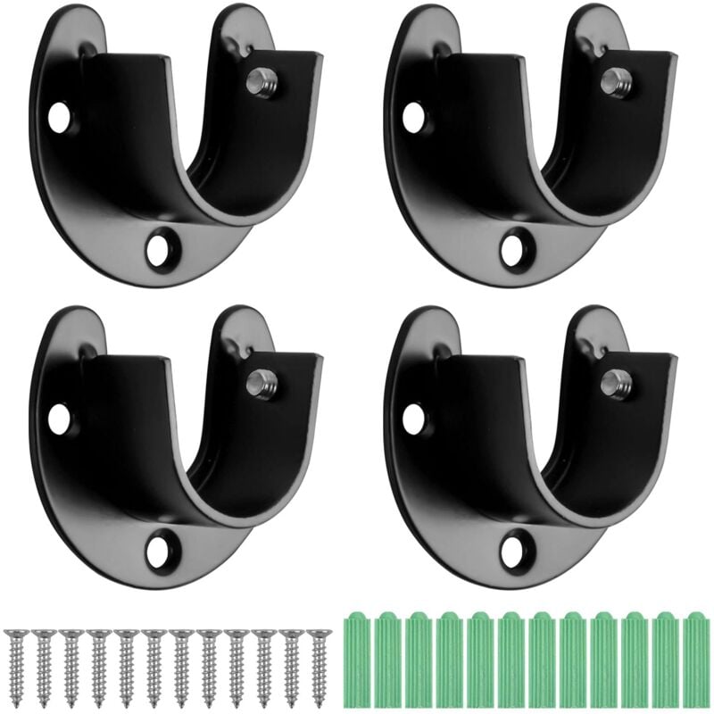 foto del prodotto zvd 4pcs u shaped curtain rod, 25mm curtain rod end bracket, stainless steel closet pole sockets, flange bracket, closet rod end with screws, black