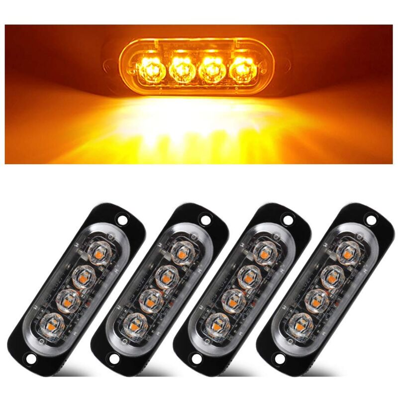 foto del prodotto zvd 4pcs ultra thin 4led emergency strobe lights amber hazard beacon warning flashing lights universal for car vehicle truck 12 24v