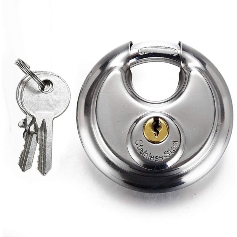 foto del prodotto zvd 70mm large distribution padlock stainless steel round shape cake lock warehouse door disc chain anti theft lock with 2 keys