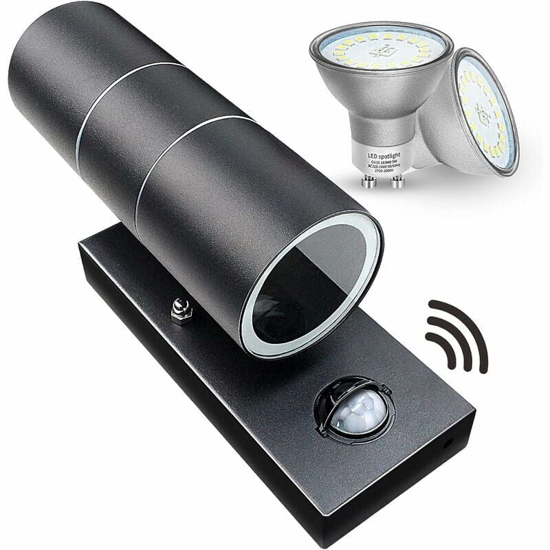 foto del prodotto zvd applique da parete per esterni con sensore di movimento pir nero opaco incl. 2 lampadine led da 5 w 