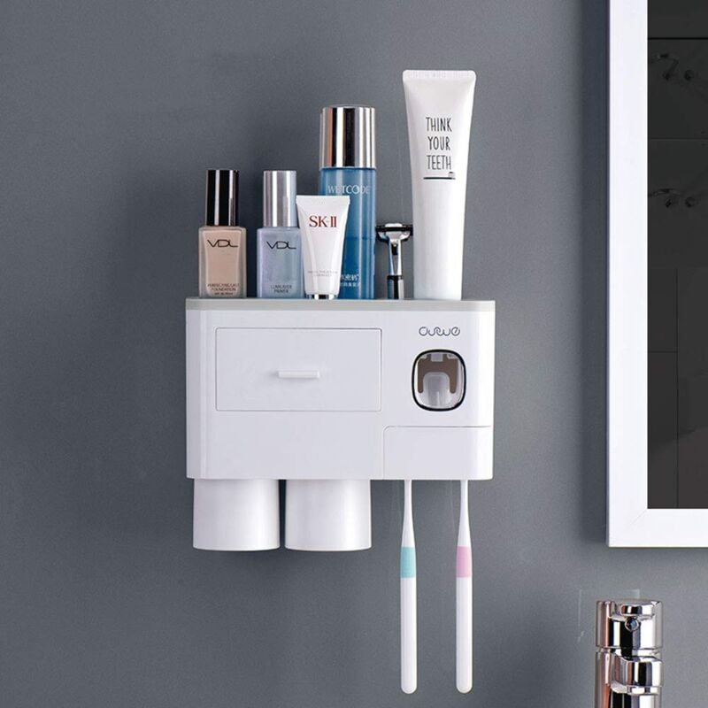 foto del prodotto zvd automatic toothpaste dispenser with wall mounted toothbrush holder, 6 toothbrush slots, 2 cups