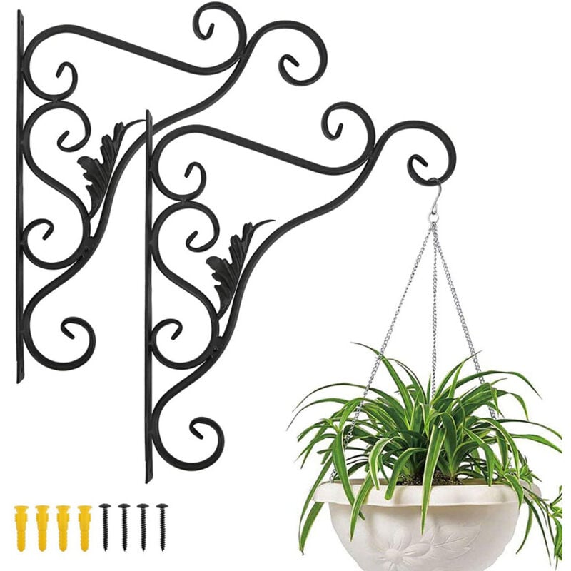 foto del prodotto zvd balcony plant wall hanger, set of 2 european vintage leaf shapes, wrought iron basket lamp hooks with screws, outdoor garden balcony decoration