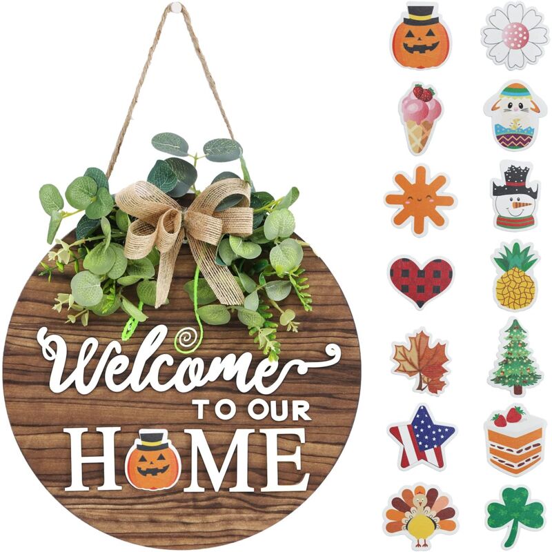 foto del prodotto zvd cartello di benvenuto stagionale intercambiabile, decorazione per porta d ingresso, ghirlande rotonde rustiche in legno da appendere