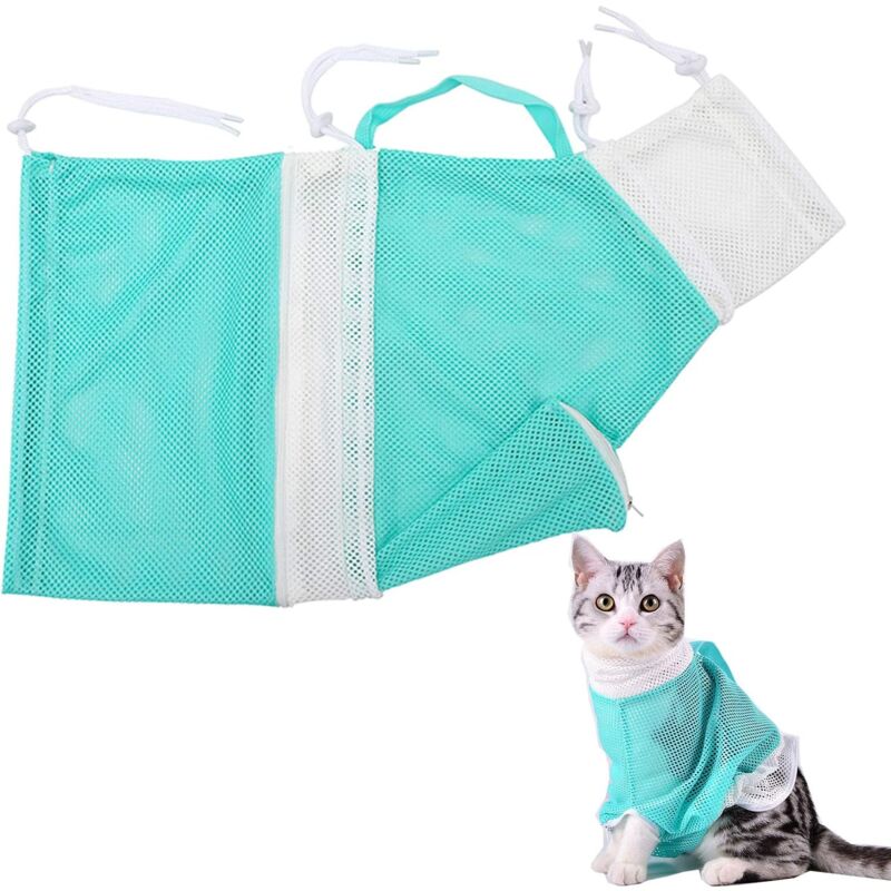 foto del prodotto zvd cat shower net bag adjustable cat wash bag multifunctional cat restraint bag for cat bathing, trimming nails, clean ears 2pcs, blue pink 