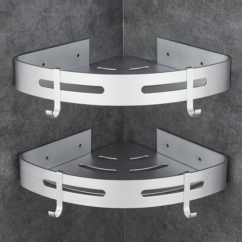 foto del prodotto zvd corner shower shelf without drilling bathroom storage shower bathroom accessory shower soap holder no rust aluminum set of 2 silver with hooks