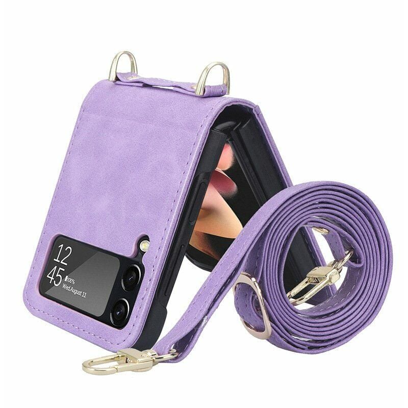 foto del prodotto zvd custodia a portafoglio per samsung galaxy z flip 3 con porta carte e tracolla in pelle pu viola 