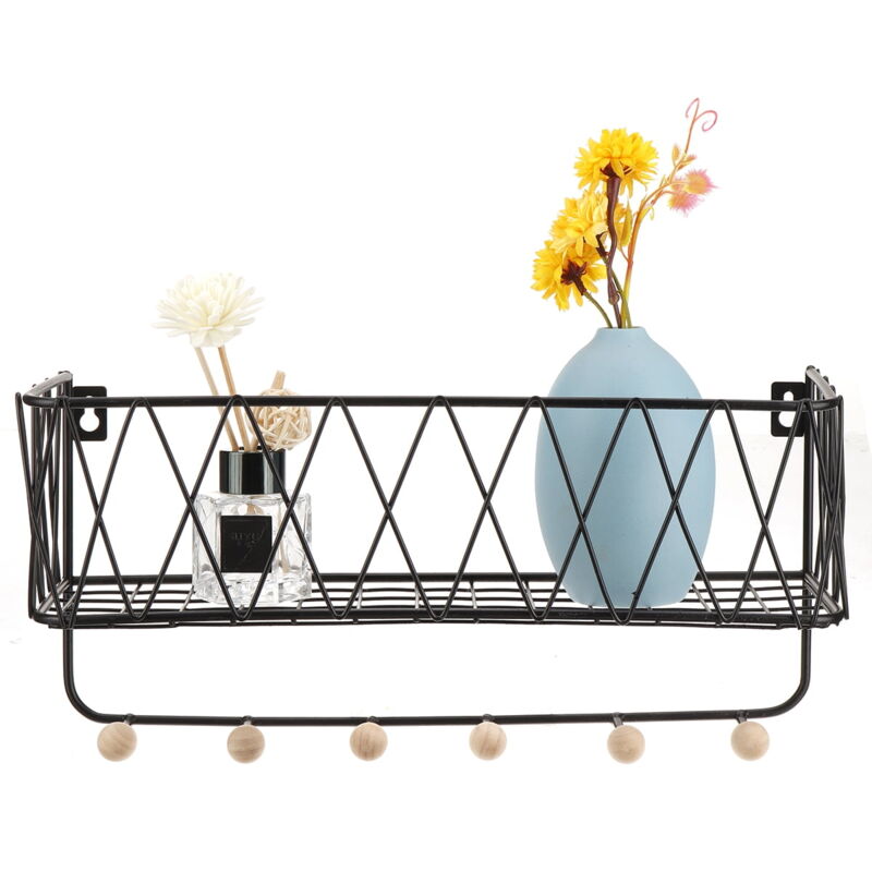 foto del prodotto zvd entryway metal wall mounted storage basket with 6 key hooks, black