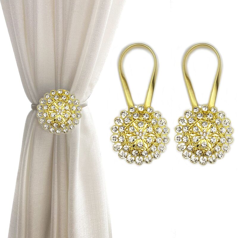 foto del prodotto zvd fermatende magnetici per tende, 2 confezioni di fermatende con fiori di cristallo scintillanti, fermatende con fibbia per tende giallo e