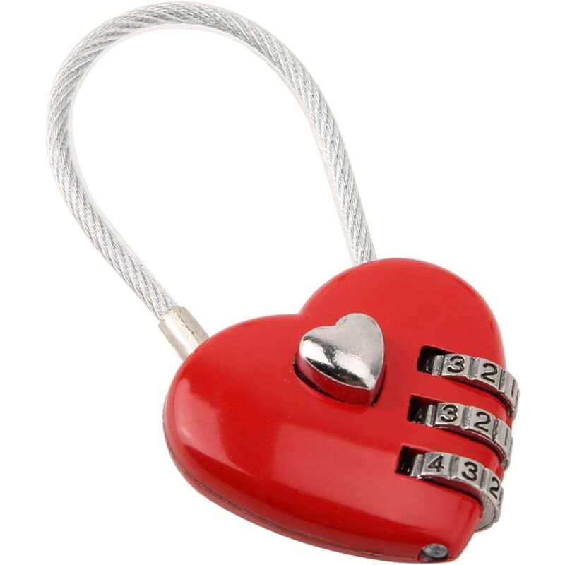 foto del prodotto zvd heart shaped padlock, mini 3 digit code lock, with love heart wire rope, password lock for luggage, backpack, jewelry box, lobby locker, red 