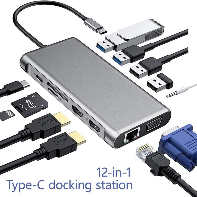 foto del prodotto zvd hub usb c hdmi adattatore multiporta 12in1, dual hdmi e vga, scheda sd tf, 4 porte usb, docking station per macbook