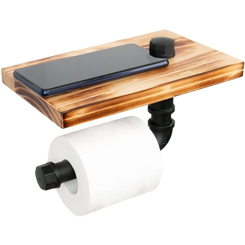 foto del prodotto zvd industrial toilet paper holder with wooden shelf, rustic wall mounted fabric roll, phone shelf, tissue roll dispenser storage rack, golden