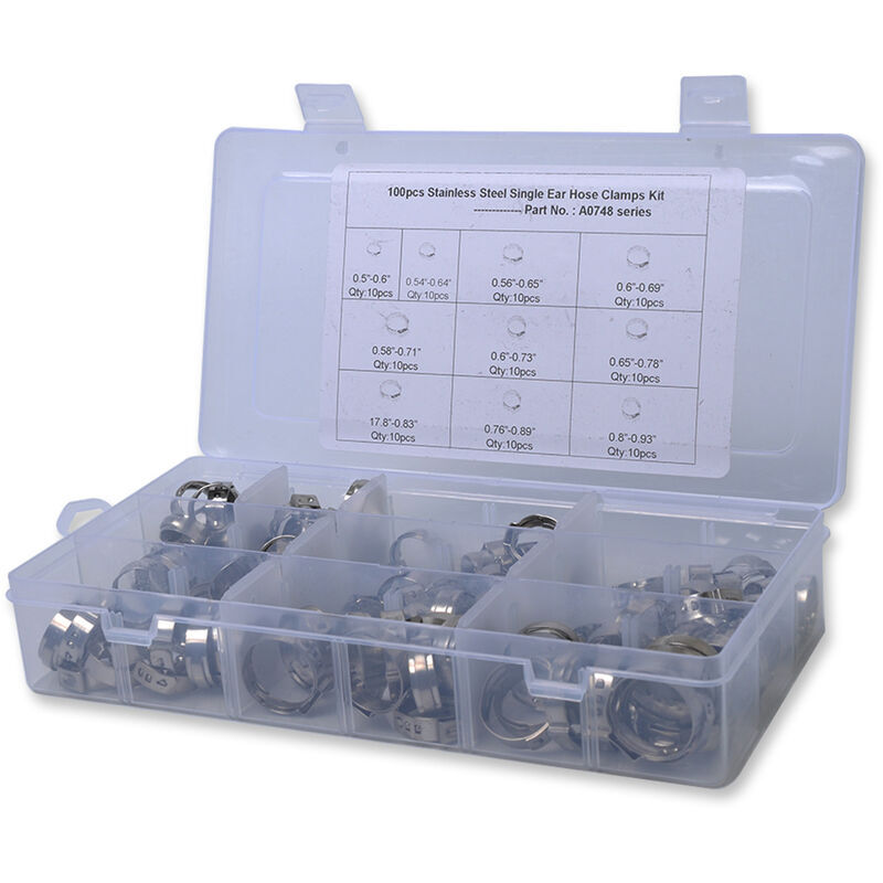 foto del prodotto zvd kit assortimento fascette stringitubo a orecchio singolo in acciaio inossidabile 304 da 100 pezzi, 7 15 mm