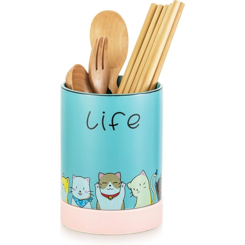 foto del prodotto zvd kitchen utensil holder, ceramic cutlery holder with cute cat pattern, practical kitchen utensil organizer for whisk spatula, housewarming gift,