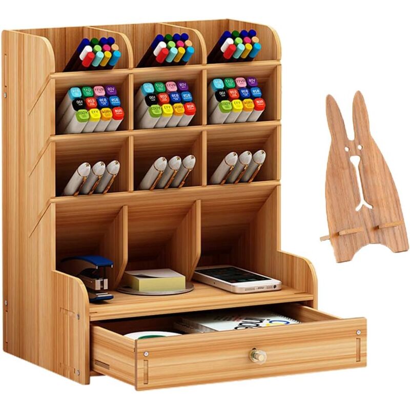 foto del prodotto zvd marbrasse wooden pen organizer, multifunctional pen holder box, desktop stationary, easy assembly, home office art supply storage with drawer