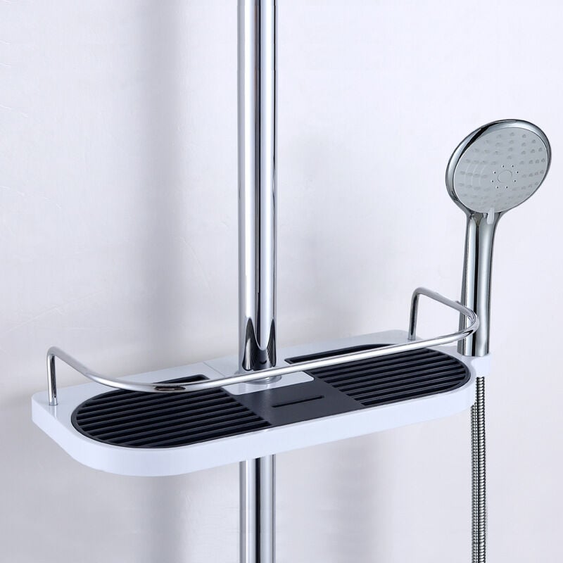 foto del prodotto zvd mensola doccia telescopica asta regolabile in lega di alluminio con 2 ganci, senza foratura, porta asciugamani, mensola doccia per bagno, porta