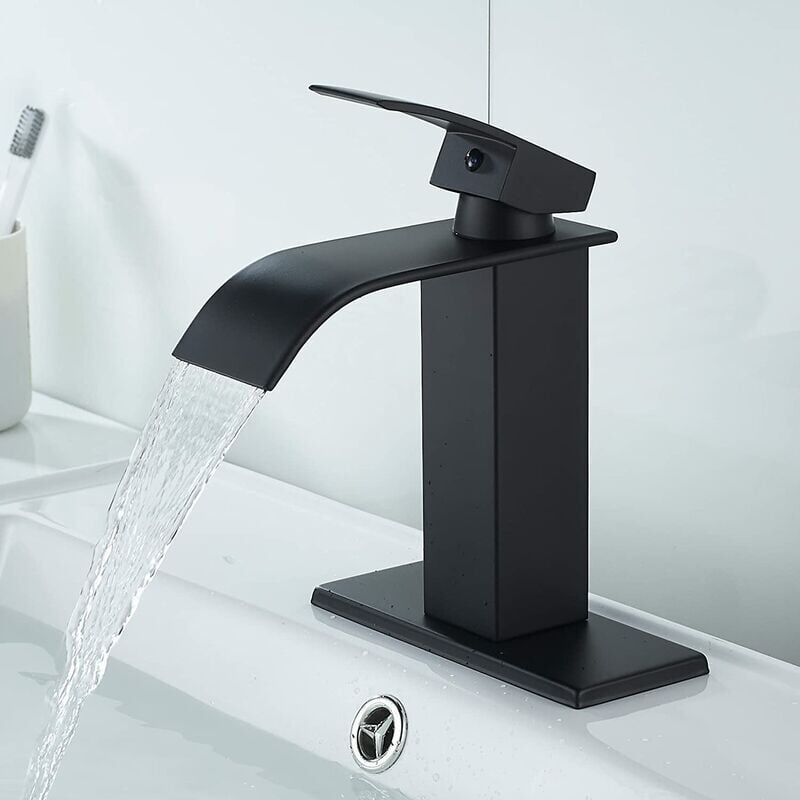 foto del prodotto zvd mitigeur de lavabo cascade noir mat style moderne, 1 ou 3 trous, en laiton massif, avec plaque de montage