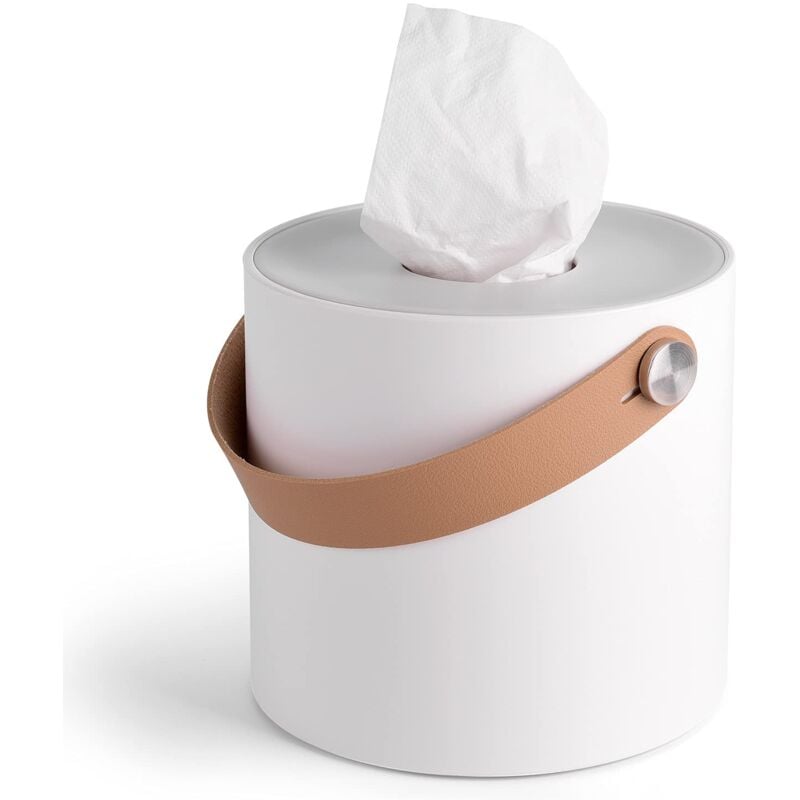 foto del prodotto zvd modern plastic round tissue dispenser holder with leather handles for bathroom vanity tops, dressers, nightstands, desks and tables white 