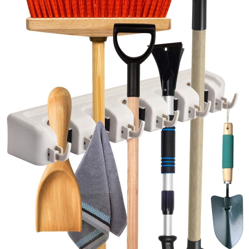 foto del prodotto zvd mop broom holder, wall mounted organizer with 5 position 6 hooks tool storage holder for kitchen garden garage bathroom