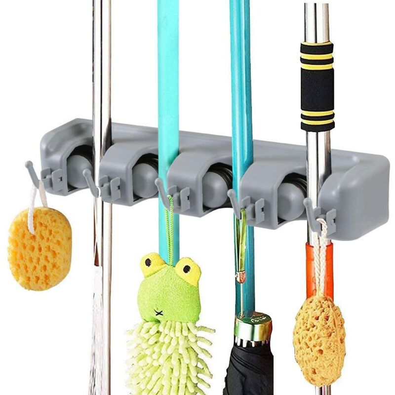 foto del prodotto zvd multi function wall mounted broom holder, storage hanger holder for your kitchen, garage, laundry room 4 slots and 5 hooks 