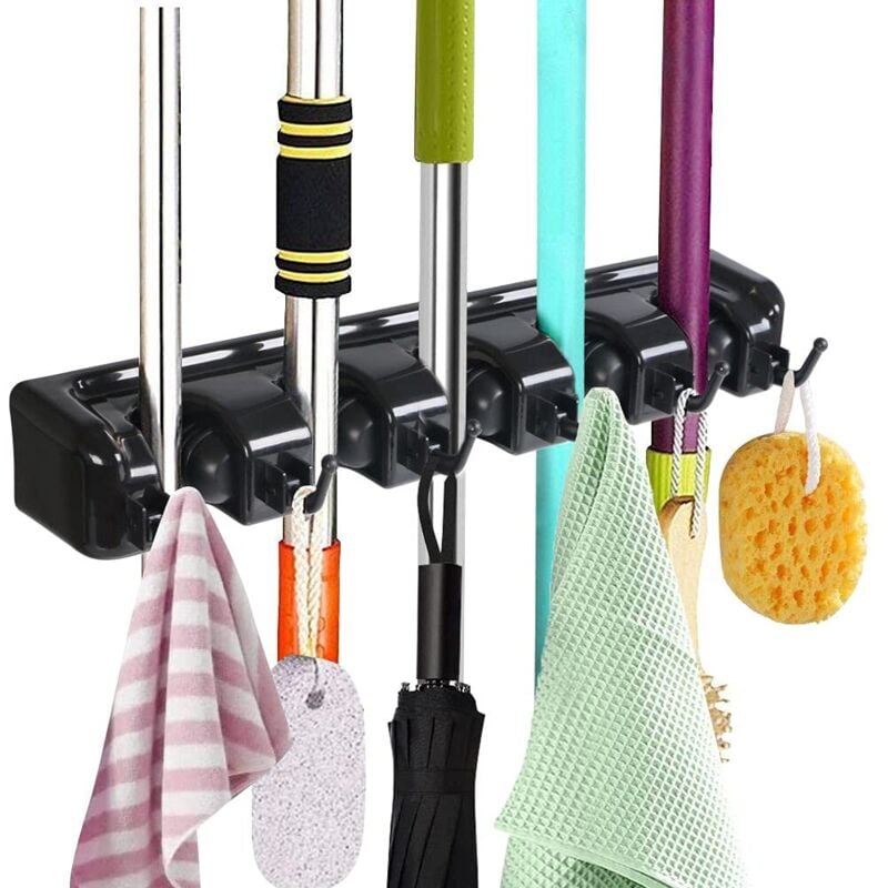 foto del prodotto zvd multifunctional wall mounted broom holder, storage hanger holder with 5 slots and 6 hooks for your kitchen, garage, laundry room