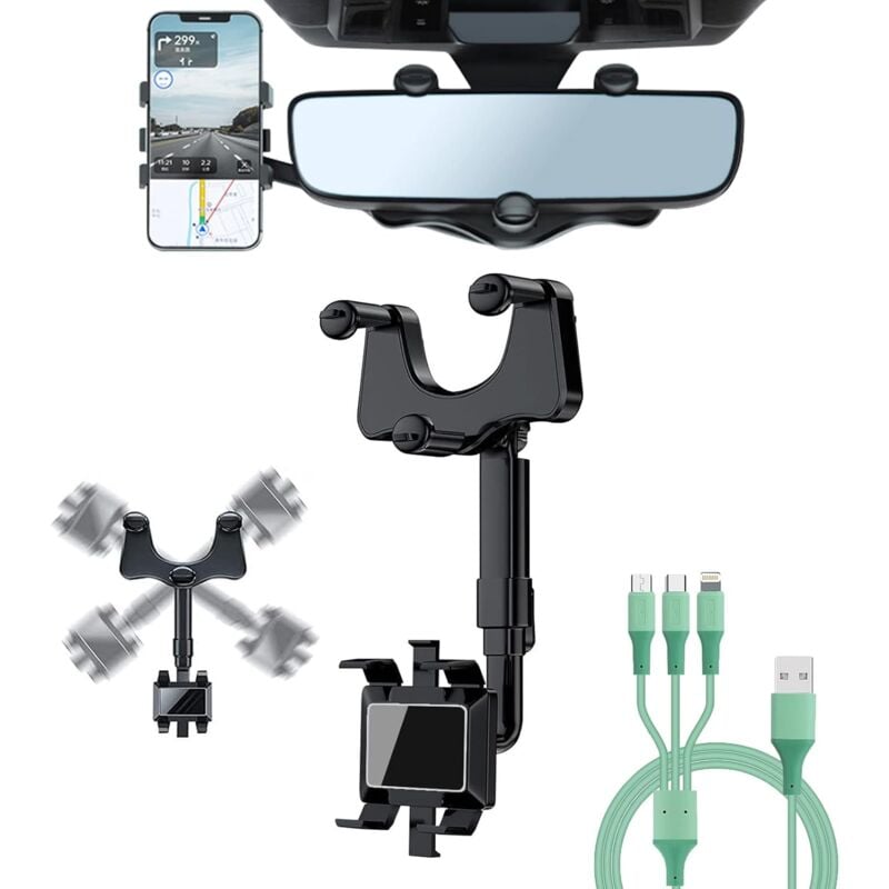 foto del prodotto zvd phone holder car rearview mirror mount with 1 data cable, 360 degree multifunction retractable rotatable