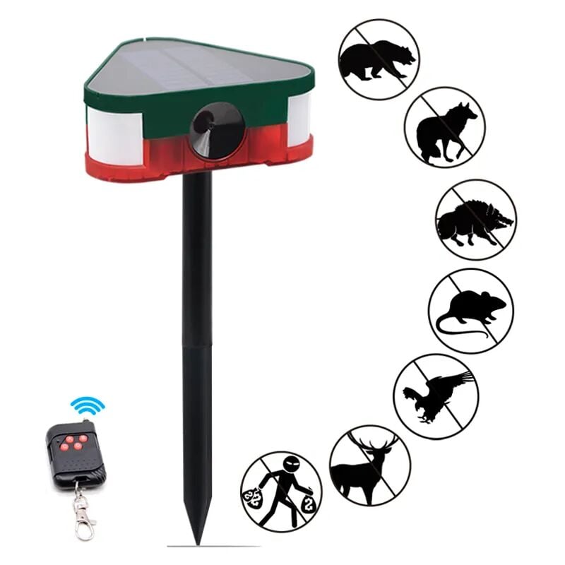 foto del prodotto zvd repellente solare per topi, repellente per animali ad ultrasuoni, respinge i topi cinghiali, telecomando, luce di allarme flash